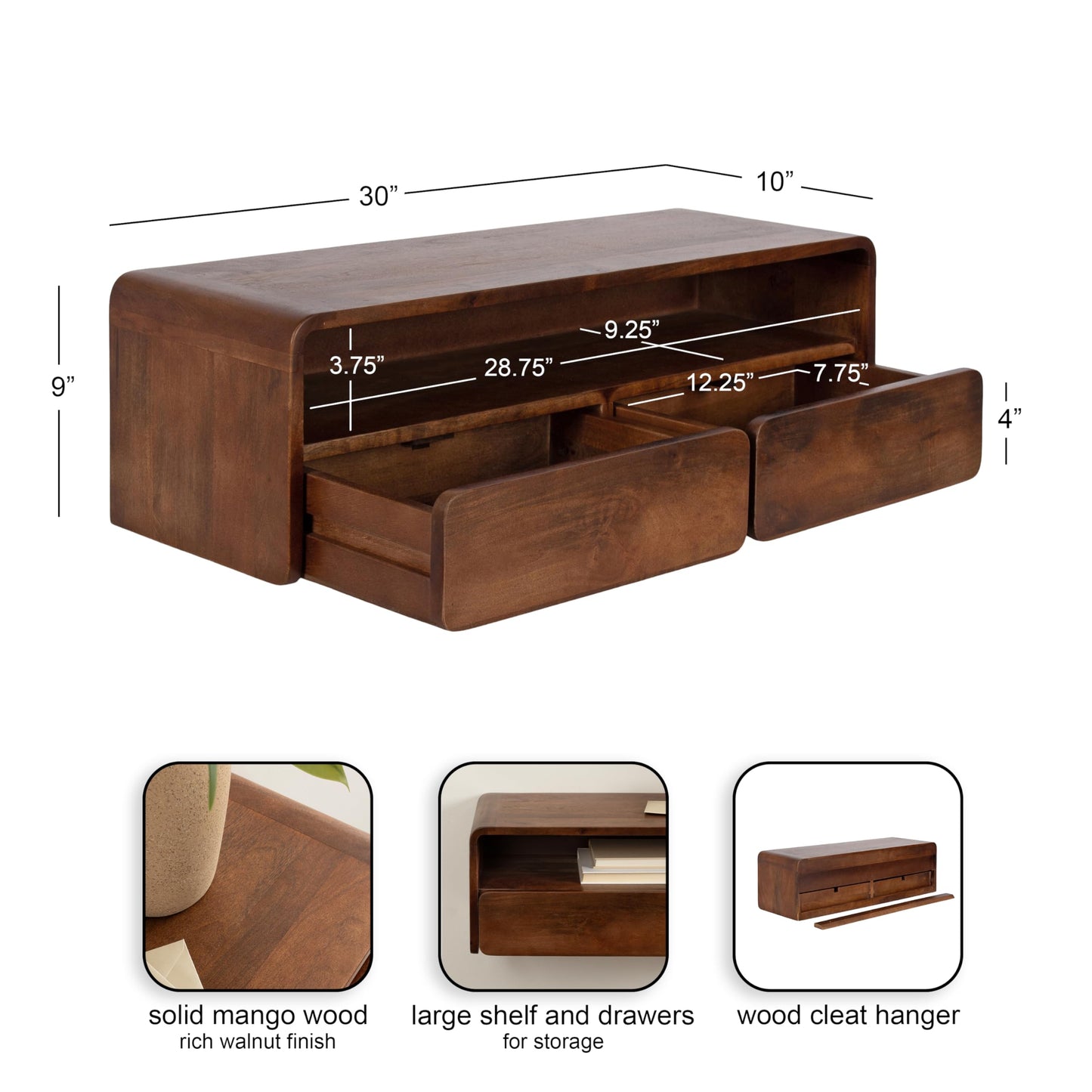 Kate and Laurel Kato Modern Floating Console Table for Entryway, 30 x 10 x 9, Walnut Brown, Decorative Transitional Floating Entryway Table with Storage Drawers for Living Room Storage Wall Shelf