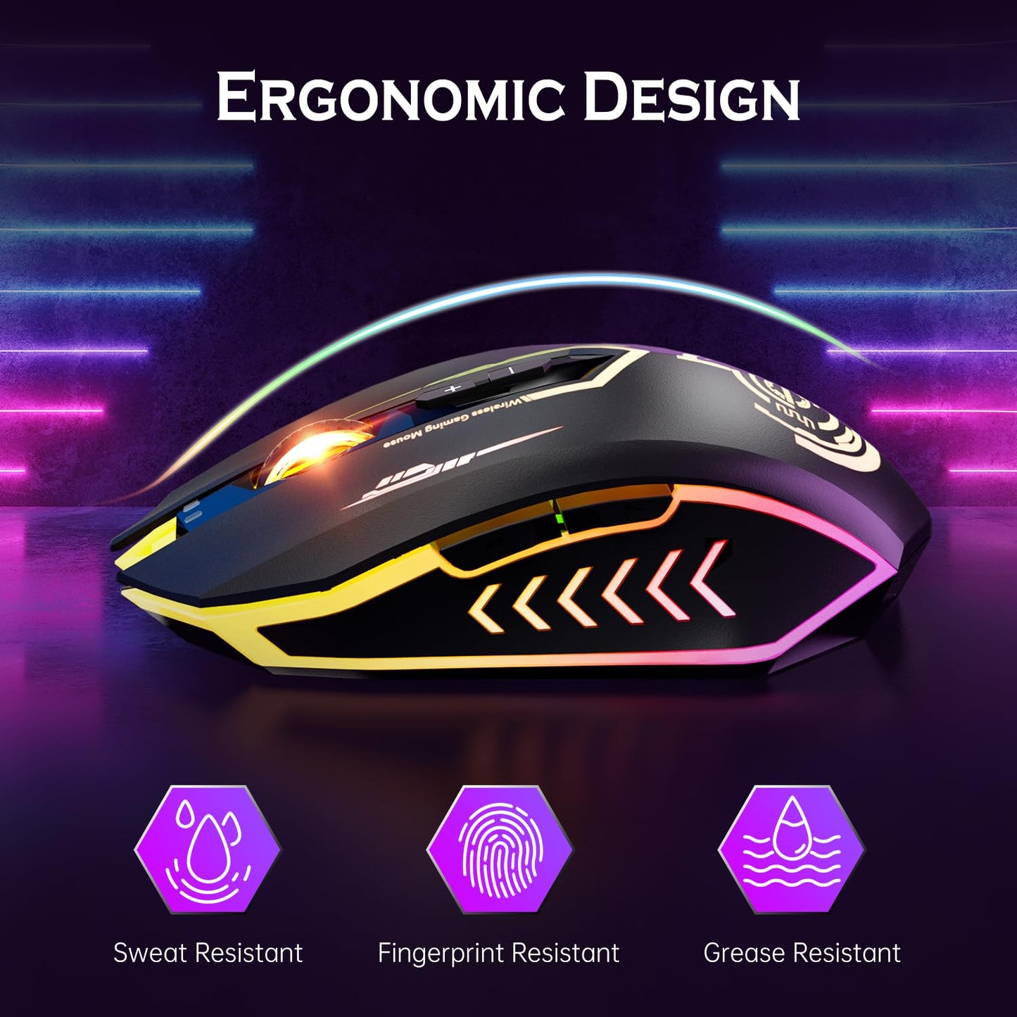 UHURU Wireless Gaming Mouse Up to 12000 DPI, Rechargeable USB-C Wireless Mouse with 7 Buttons 7 Dynamic LED Color Ergonomic Programmable MMO RPG for PC Laptop, Compatible with Windows Mac