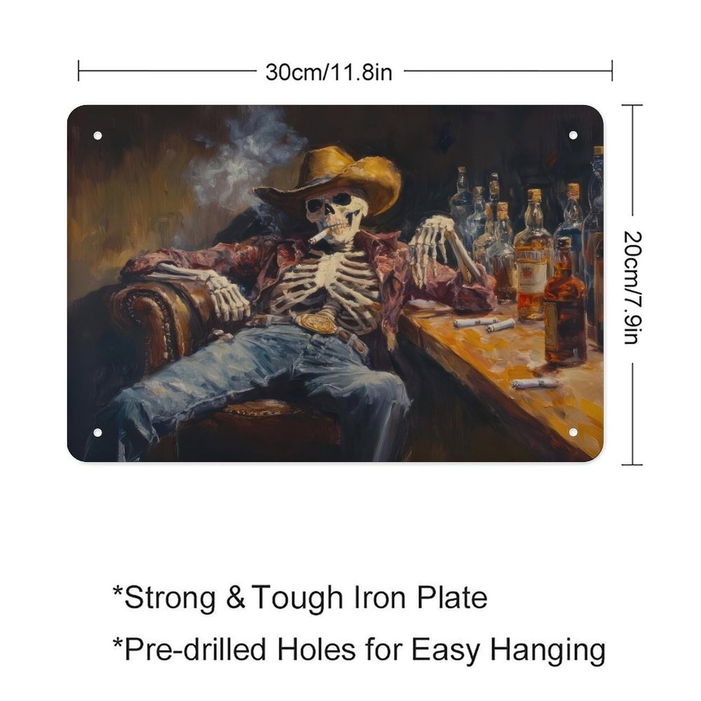 Metal Sign Poster 8x12 Inch Wild West Skeleton Cowboy in A Bar Oil Painting Print Western Wall Art Road Trip Gift Southwestern Art Decor