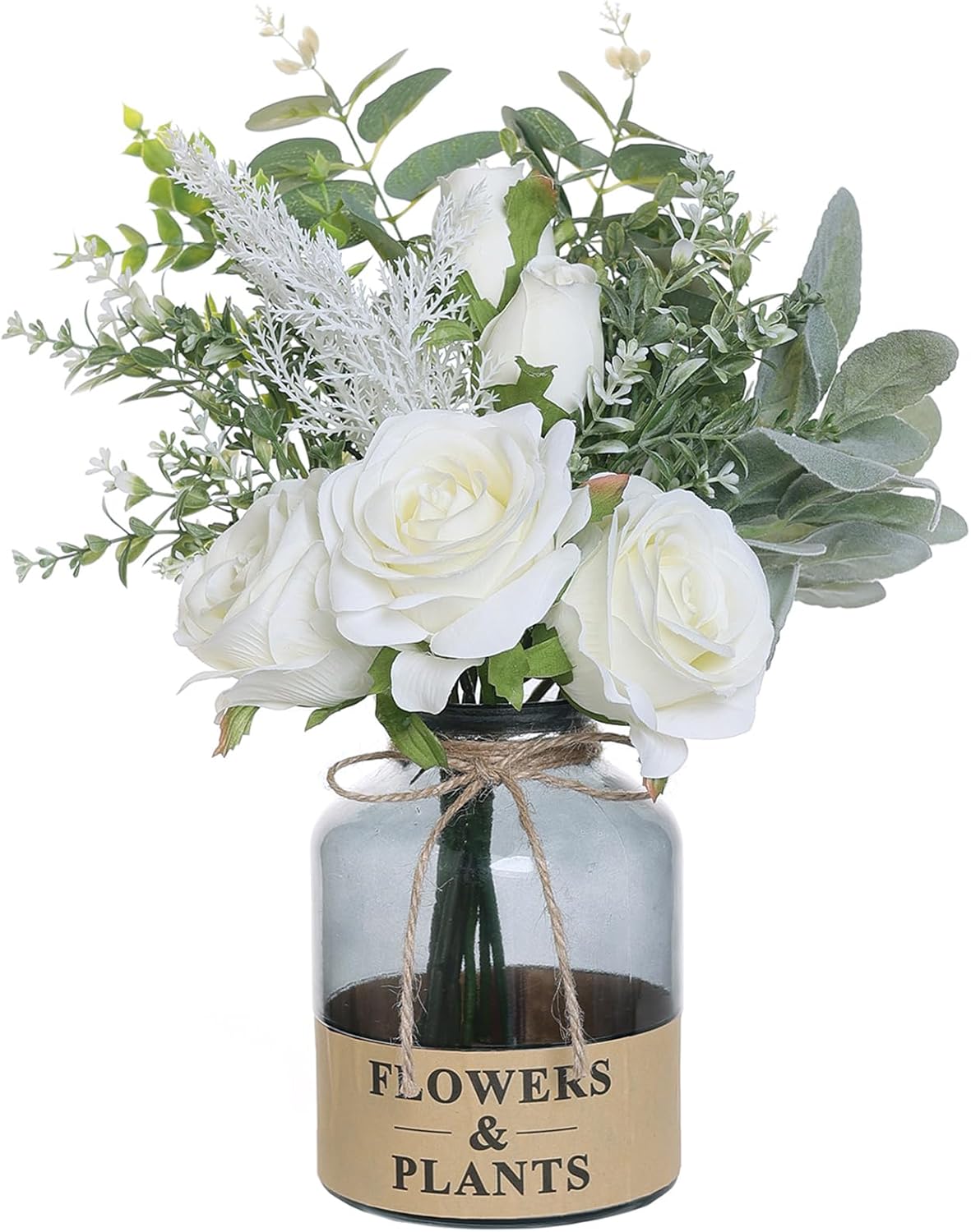 YXZZWL Artificial Flowers with Vase, Faux Silk Roses and Eucalyptus Centerpiece for Home Decor (White)