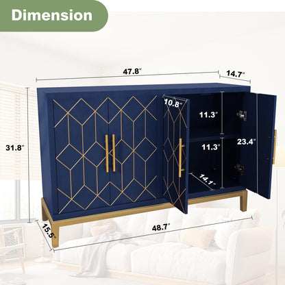 HLR 48" Accent Cabinet with 4 Doors and Shelves, Modern Credenza Storage Cabinet with Gold Trim, Sideboard Buffet for Living Room, Kitchen, Dining Room, Hallway, Blue