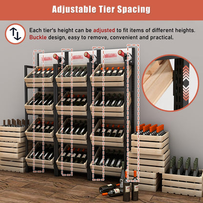 ZJKXJH 4 Tier Wood Fruit and Vegetable Basket Stand Rack, Commercial Produce Potatoes and Onions Floor Storage, Detachable Supermarket Retail Display Holder/Wine Shelf(Black Rack+Wooden Basket)