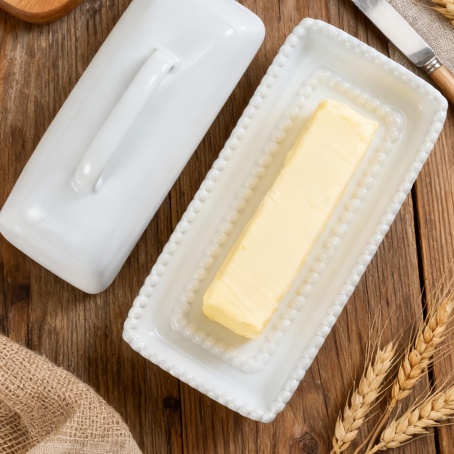 White Ceramic Butter Dish with Lid-Vintage Pearl Embossed Edge & Large Arc Handle-Keeps Butter Fresh on Countertop or in Fridge-Dishwasher & Microwave Safe