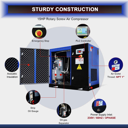 15HP Rotary Screw Air Compressor, 56 CFM, 125PSI, 230V 3PHASE 60HZ, Fixed Speed Compressor, Industrial-Grade, Heavy Duty Air Compressed System