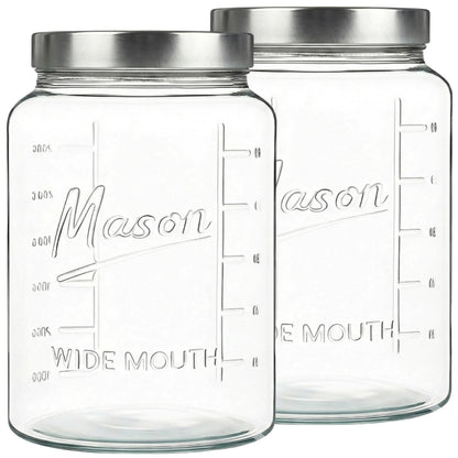 Kitchentoolz Extra Large Mason Jar - 1 Gallon Glass Wide Mouth Jar with Airtight Metal Screw on Lid, Food Storage Container with Measurement Marks For Kitchen Pantry, Pickling, Flour & Sugar Pack of 2