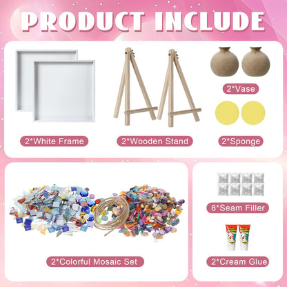 Fuyoooo 2 Sets DIY Vase Mosaic Painting Kit DIY Mosaic Arts and Craft Kits Tiles Crafts with Flower Accessories Creativity Handmade Artwork for Adults Gift Making Home Decoration(Vase Flower)