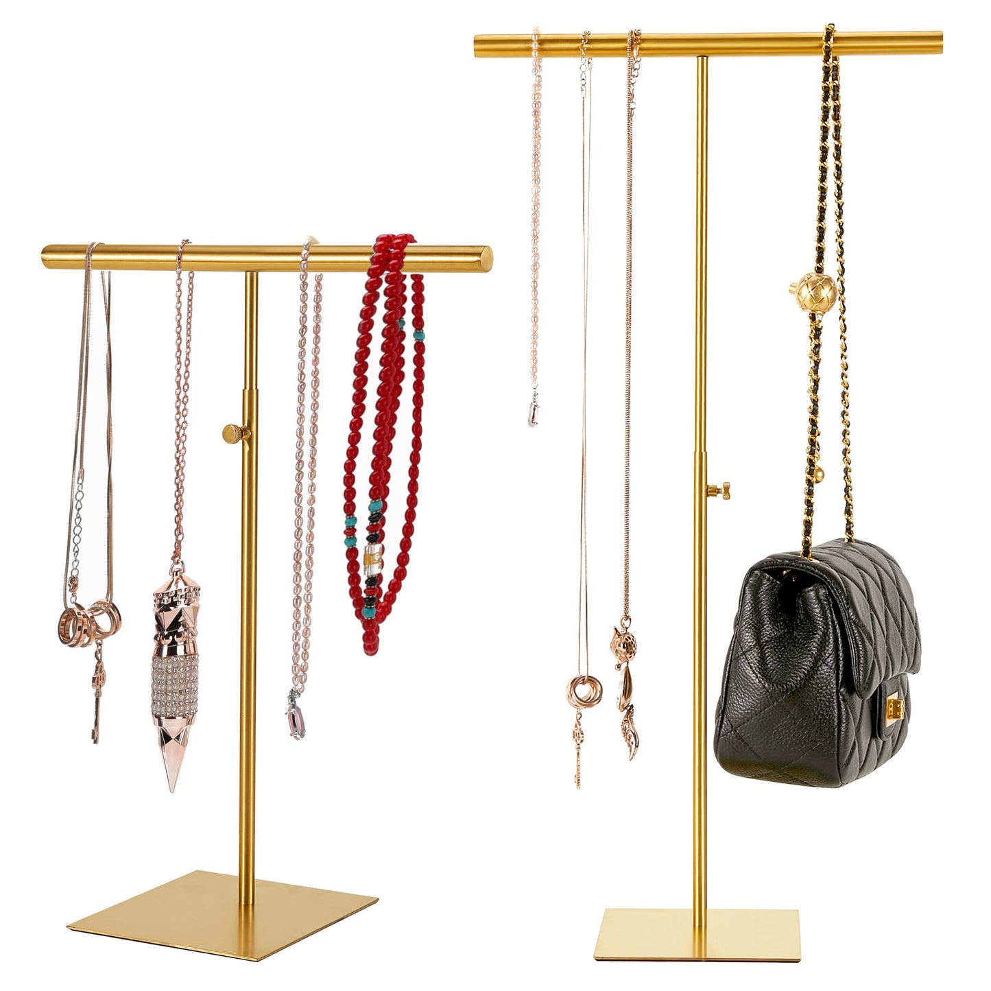 Stainless Necklace Display and Jewelry Stands, 2 Pack Adjustable Height Purse Display Stand, Non-Slip Jewelry Holder Organizer T-bar Tower Necklaces Rack for Vendors Retail Store Counter Home Closet