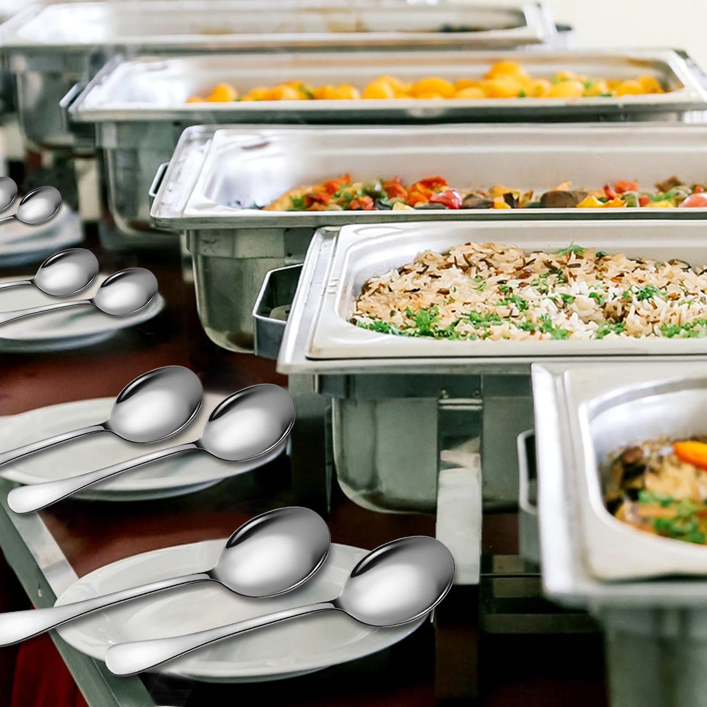Keyoxy Stainless Steel Serving Spoons Set, 8pc, 10-Inch, Includes 8 Large Spoons, for Parties/Kitchen/Buffet/Catering, Dishwasher Safe