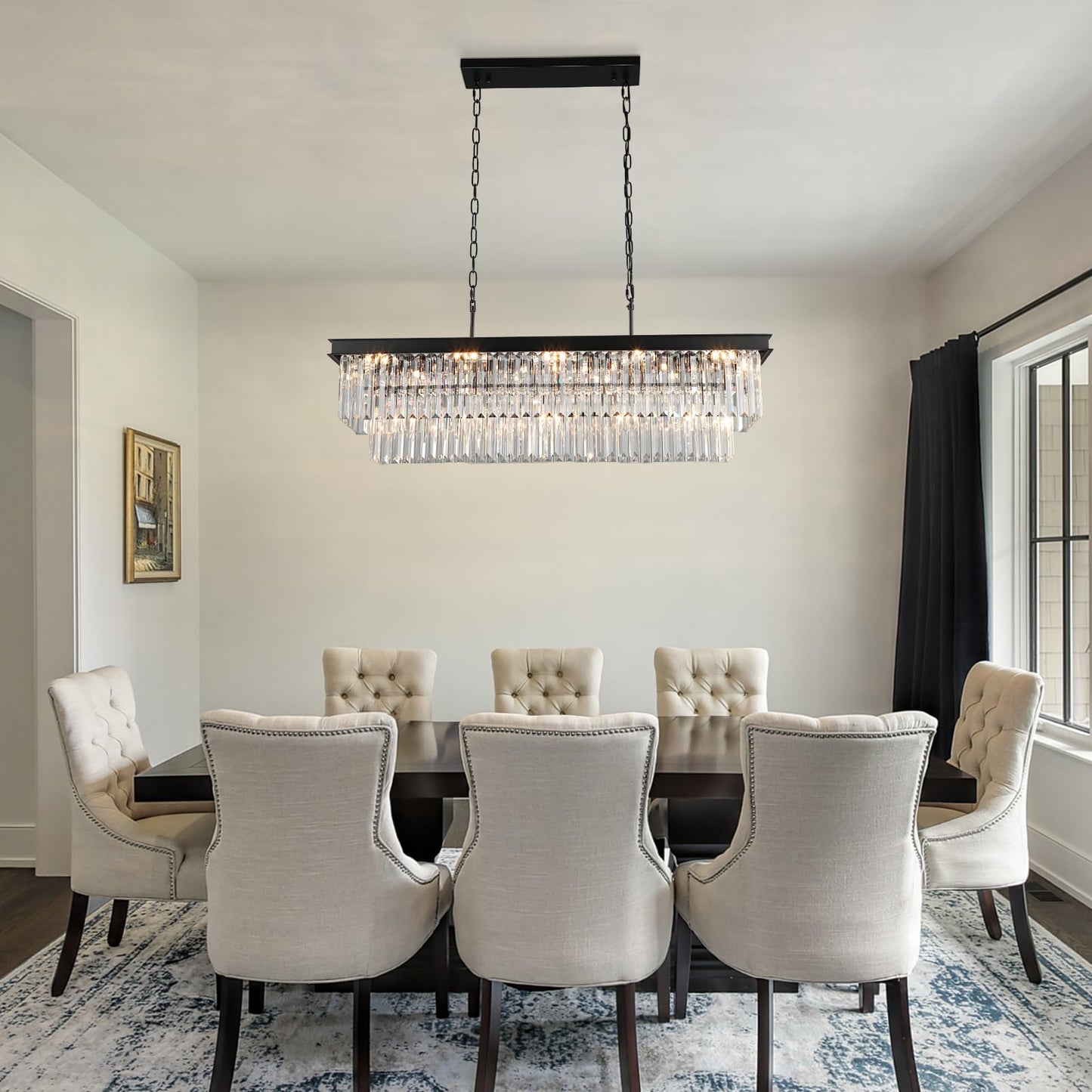 Weesalife Crystal Chandeliers for Dining Room Light Fixtures Over Table，15-Lights Black Modern Rectangle Chandeliers for Kitchen Island Bar L40 Inch