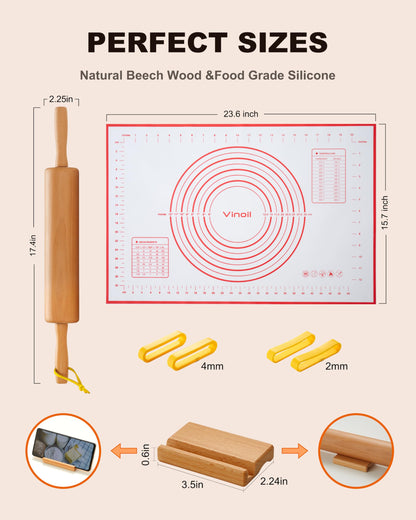Classic Wood Rolling Pin, 17" Rolling Pins for Baking with Silicone Mat and Adjustable Thickness Rings, Pasta Roller with Wood Base, Fondant Roller for Pie Crust, Cookies, Pizza Dough and Bread