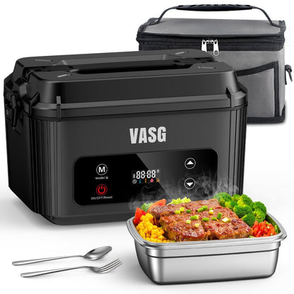 VASG 2026 Upgraded Cordless Heated Lunch Box for Adults, XXL 5.1-Cup Electric Lunch Box with 360° Surround Rapid Heating, 12000mAh Portable Food Warmer with Timer, LCD Display for Office & Car