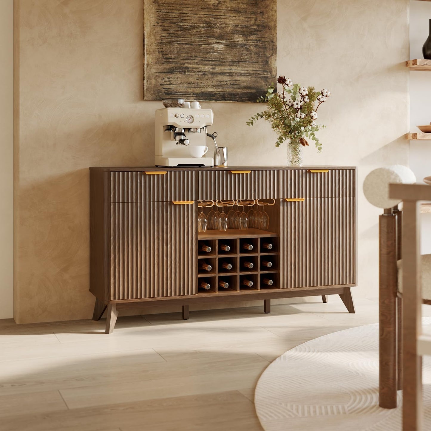 60" Wide Fluted Wine Bar Cabinet with Storage, Modern Buffet Sideboard with 2 Side Cabinets, 3 Drawers, Liquor Rack and Glass Holder, Adjustable Shelves, Alcohol Indoor Bars for Kitchen, Living Room