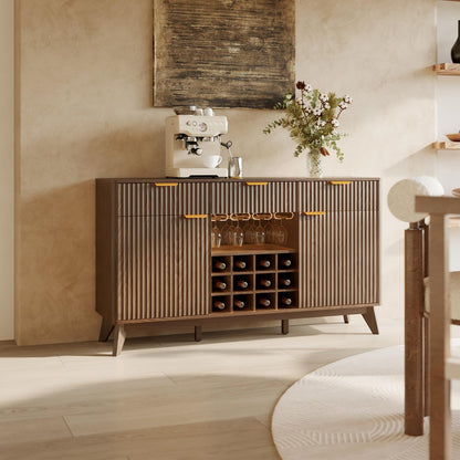 60" Wide Fluted Wine Bar Cabinet with Storage, Modern Buffet Sideboard with 2 Side Cabinets, 3 Drawers, Liquor Rack and Glass Holder, Adjustable Shelves, Alcohol Indoor Bars for Kitchen, Living Room