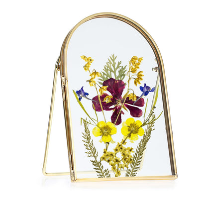 OGANAZI 4x6 Inch Double Glass Pressed Flower Frame - Golden Floating Frames for Dried Flowers, Art, Photos | Vintage Pressed Flower Frame Tabletop Display Holder for Home Plant Specimen (Half Circular)