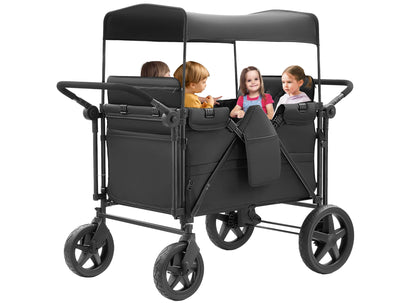 Stroller Wagon for 4 Kids, 4 Seater Wagon Stroller Featuring 4 High Seat with 5-Point Harnesses and Adjustable Canopy, Foldable Double Push Bar Wagon Stroller 4 Seater for Garden, Camping (Black)