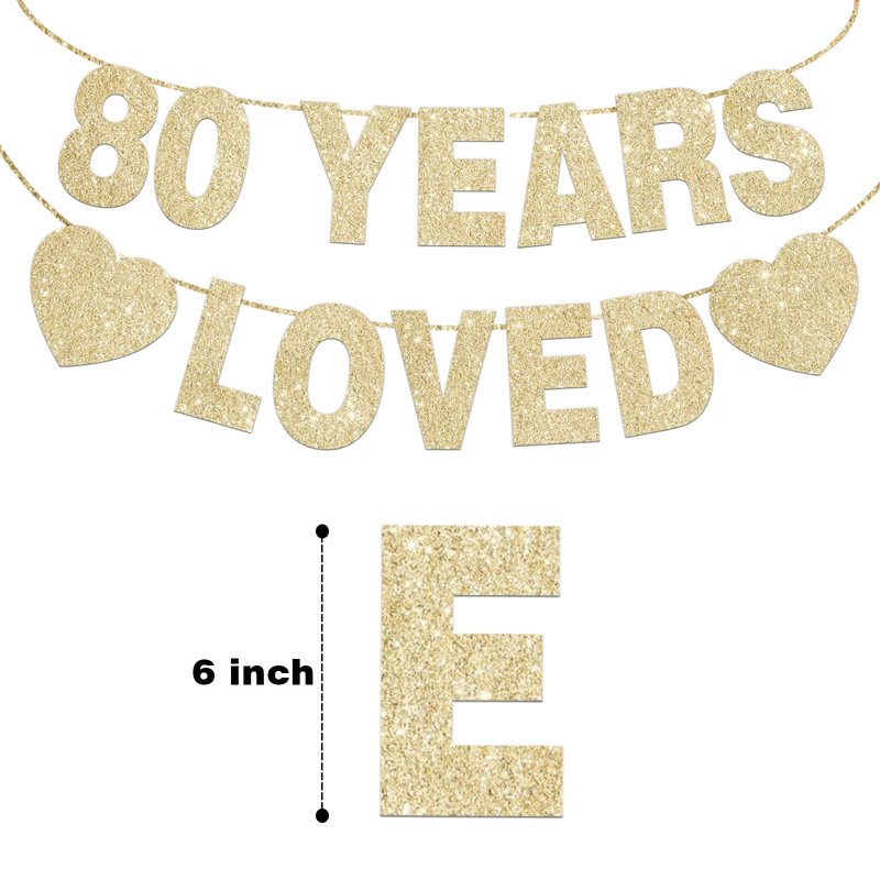 80 Years Loved Banner for 80th Birthday Decorations for Men Women Pre-Strung Birthday Banner Party Decorations Gold Glitter