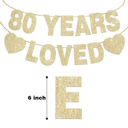 80 Years Loved Banner for 80th Birthday Decorations for Men Women Pre-Strung Birthday Banner Party Decorations Gold Glitter