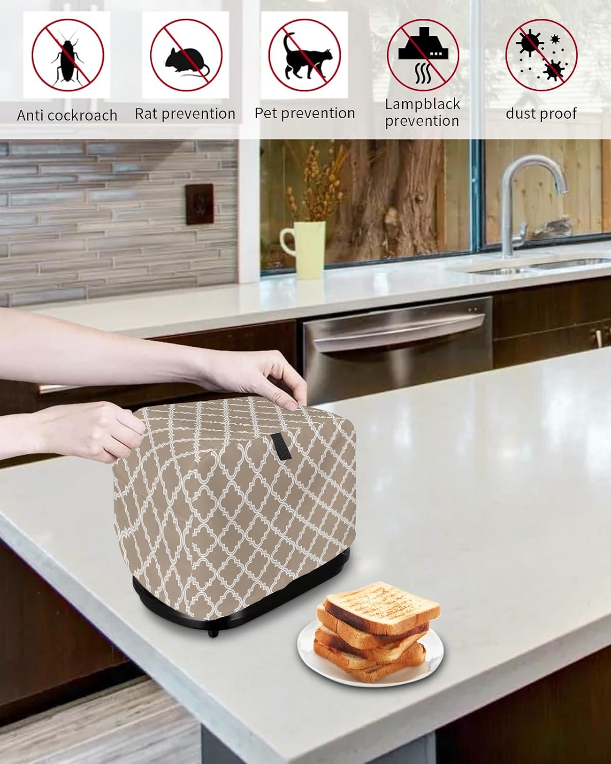 Toaster Cover 2 Slice, Beige Moroccan Pattern Geometric Dust-Proof Cover with Pockets for Kitchen Small Appliance