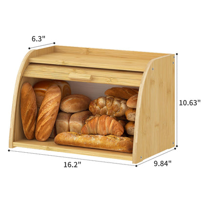 Kitsanery Bread Box for Kitchen Countertop, Bamboo Bread Storage, Double-Layer Roll-Top Bread Container, Farmhouse Bread Holder for Homemade Bread (Natural, single layer)