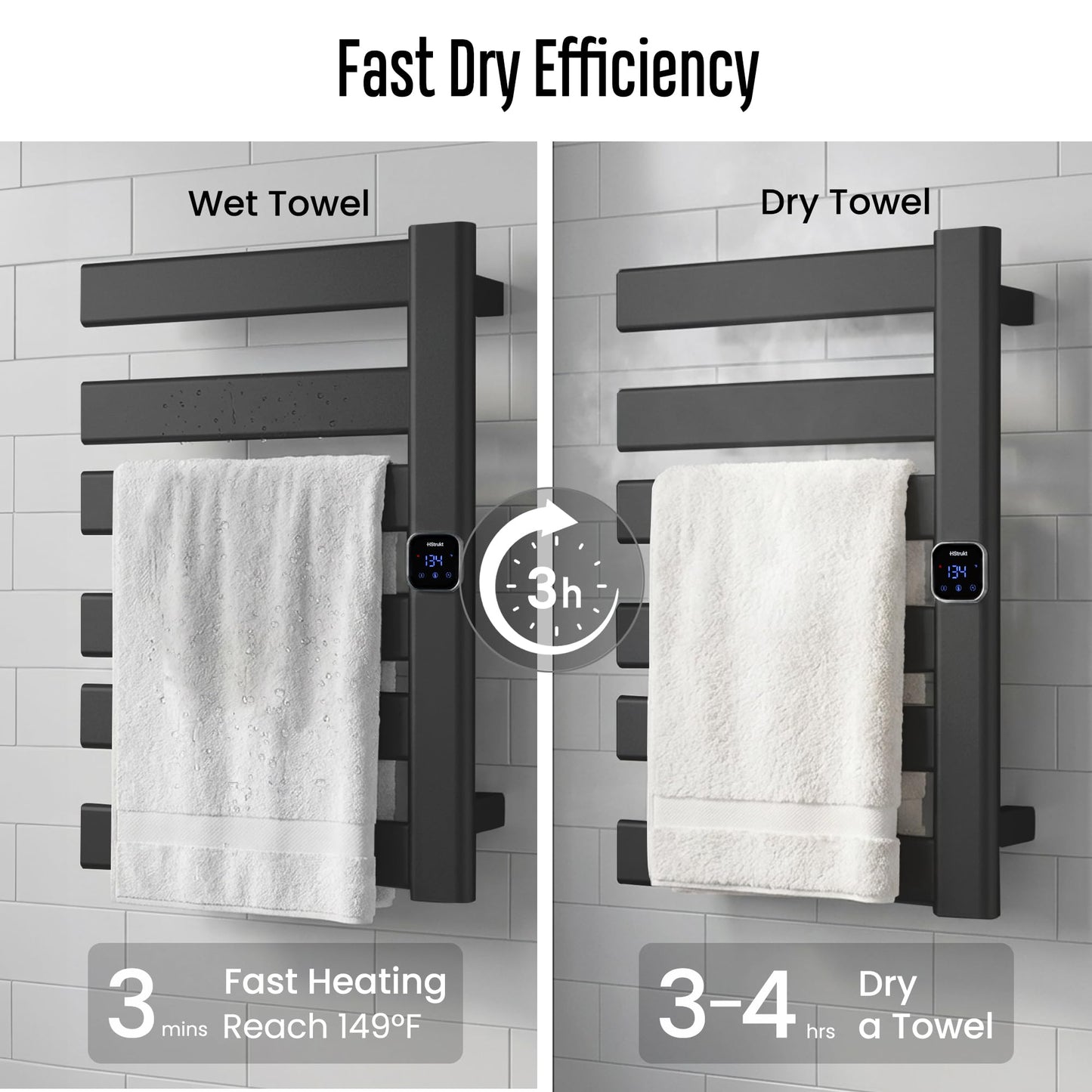 HSTRUKT Towel Warmer, Heated Towel Rack with Built-in Timer and Temperature Control,Hard-Wired(Right-Wiring)/Plug-in Wall-Mounted Towel Rail, Aluminum，18.8" W X 25.6" H, Black