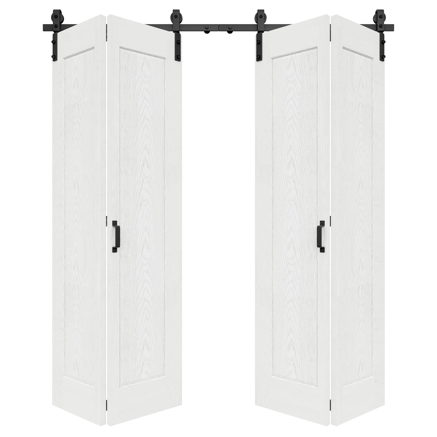 72" x 84" 1 Panel Bifold Barn Door, 80" Track Kit for 4 Closet Doors, Pre-Assembled Panel Bi-fold Barn Door for Pantry, Primed White Finish with Water-Resistant and Scratch-Resistant, Paintable