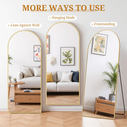 Full Length Mirror 71"x26" Full Body Mirror Arched Free Standing Wall Mounted Leaning Floor Mirrors with Stand Aluminum Alloy Frame for Bedroom Cloakroom, Gold