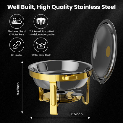 Round Chafing Dishes for Buffet 4 Pack, 6QT Chafers and Buffet Warmers Sets with 2 Heat-Proof Gloves, 4 Spoons, 4 Slotted Spoons & 4 Tongs, Gold Chafing Dishes for Buffet Parties Gatherings