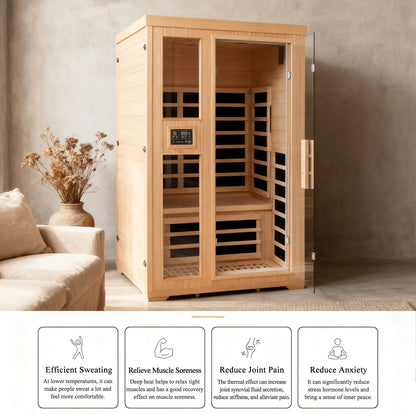 Homsido 2-Person Low EMF Far Infrared Sauna for Home,Canadian Hemlock Wood with 7-Color Therapy,Bluetooth Speakers,Chromotherapy Lights,1850W Heater,Tempered Glass Door&LCD Control Panel