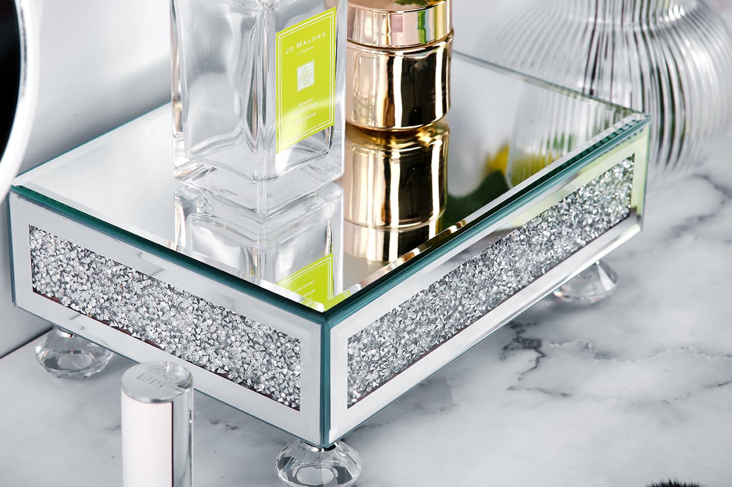 TACIDON Glass Mirrored Riser for Kitchen Sink, Bathroom Counter Modern Decor. Crystal Pedestal Stand for Displays. Crushed Diamond Bling Decor Tray.(Silver)