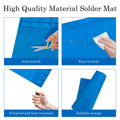 Oversized Large Soldering Mat, 27.6"x15.7" Heat Resistant Silicone Work Mat, 932°F Anti-Static & Magnetic Repair Pad for BGA Soldering Iron, Electronics, Phone, Laptop, PC, Watch Repair (Blue)