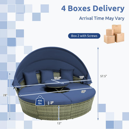 Tangkula Outdoor Round Daybed with Retractable Canopy, PE Wicker Sectional Seating Furniture with Cushions and Throw Pillows, Separates Cushioned Seats for Backyard, Poolside (Navy)