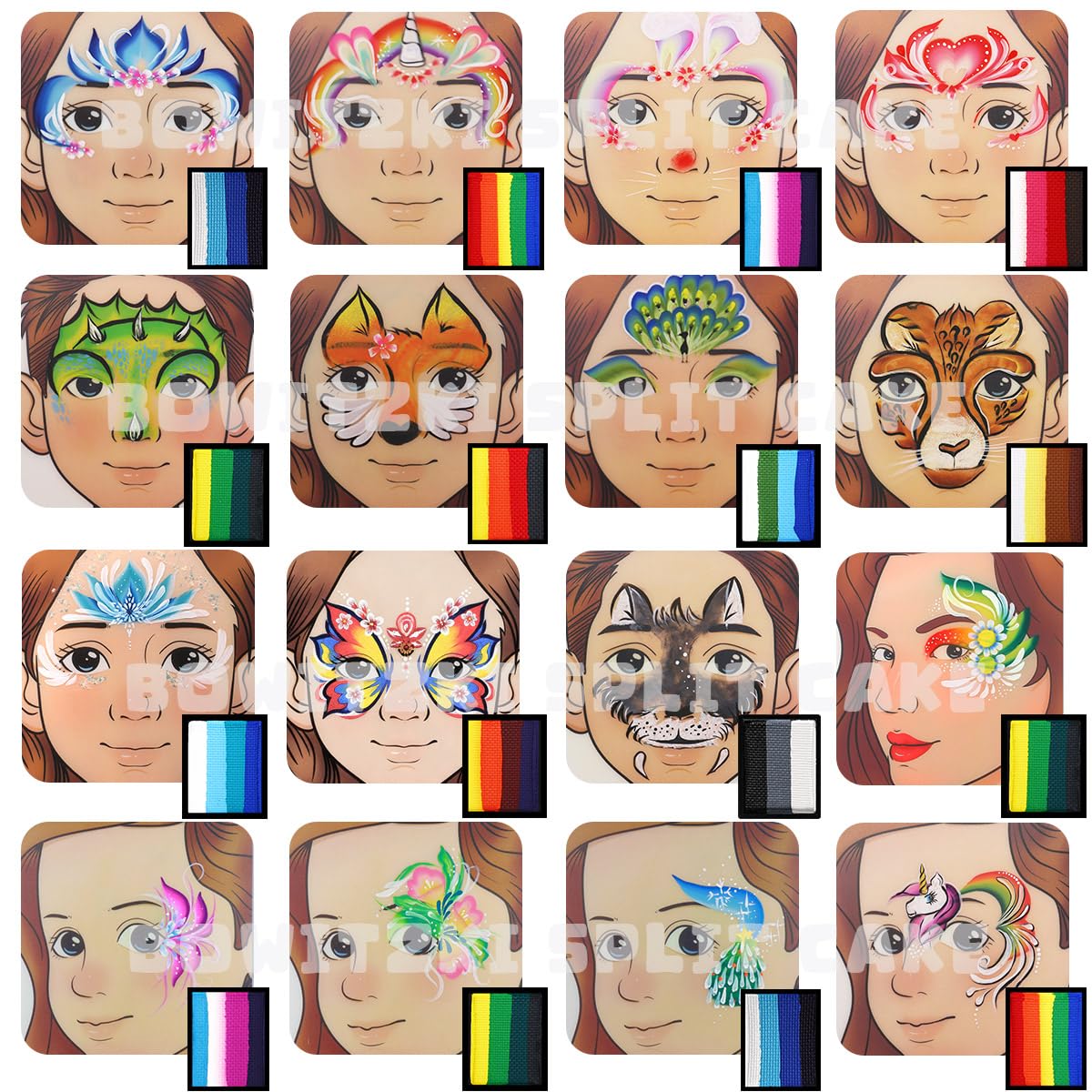 Bowitzki Face Paint Kit Professional Split Cake Face Painting Set 12x10 gm with Stencil One Stroke Non Toxic Safe Rainbow Flora Dolphin Unicorn Flame Body Paint Halloween Christmas Makeup