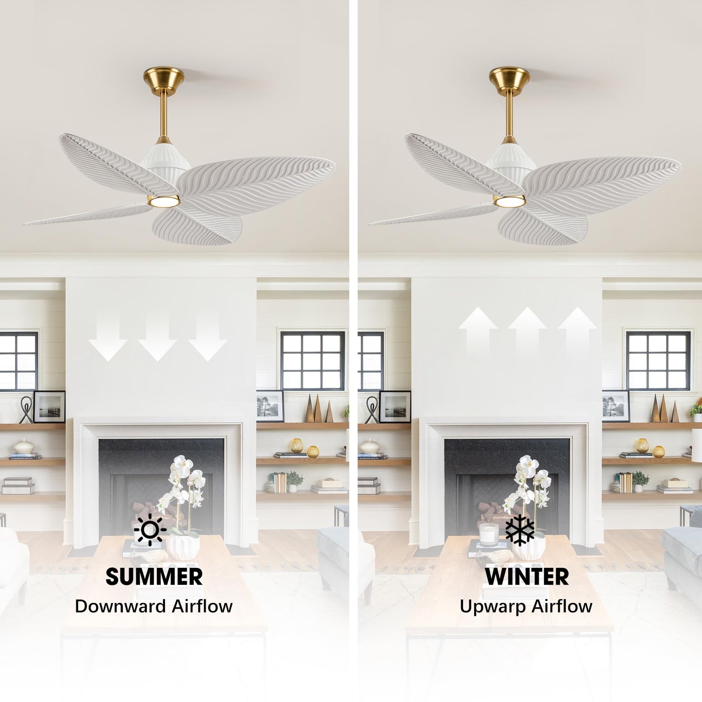 LVYEAYOU 52" Tropical Ceiling Fans with Lights, Indoor Palm Leaf Ceiling Fan with Light and Remote for Living Room Bedroom, ABS Blades, Dimmable LED Lights, 6 Speeds, Adjustable Height-White Gold