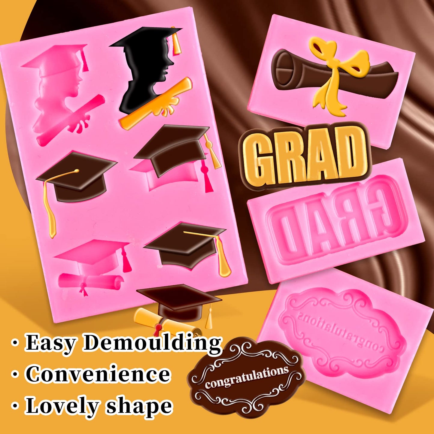 Whaline 4 Pack Graduation Mini Fondant Molds Silicone Cap Diploma mould Congrats Grad Congratulations Candy Chocolate Mould for Party Soap Jelly Cake Cupcake Topper Decoration