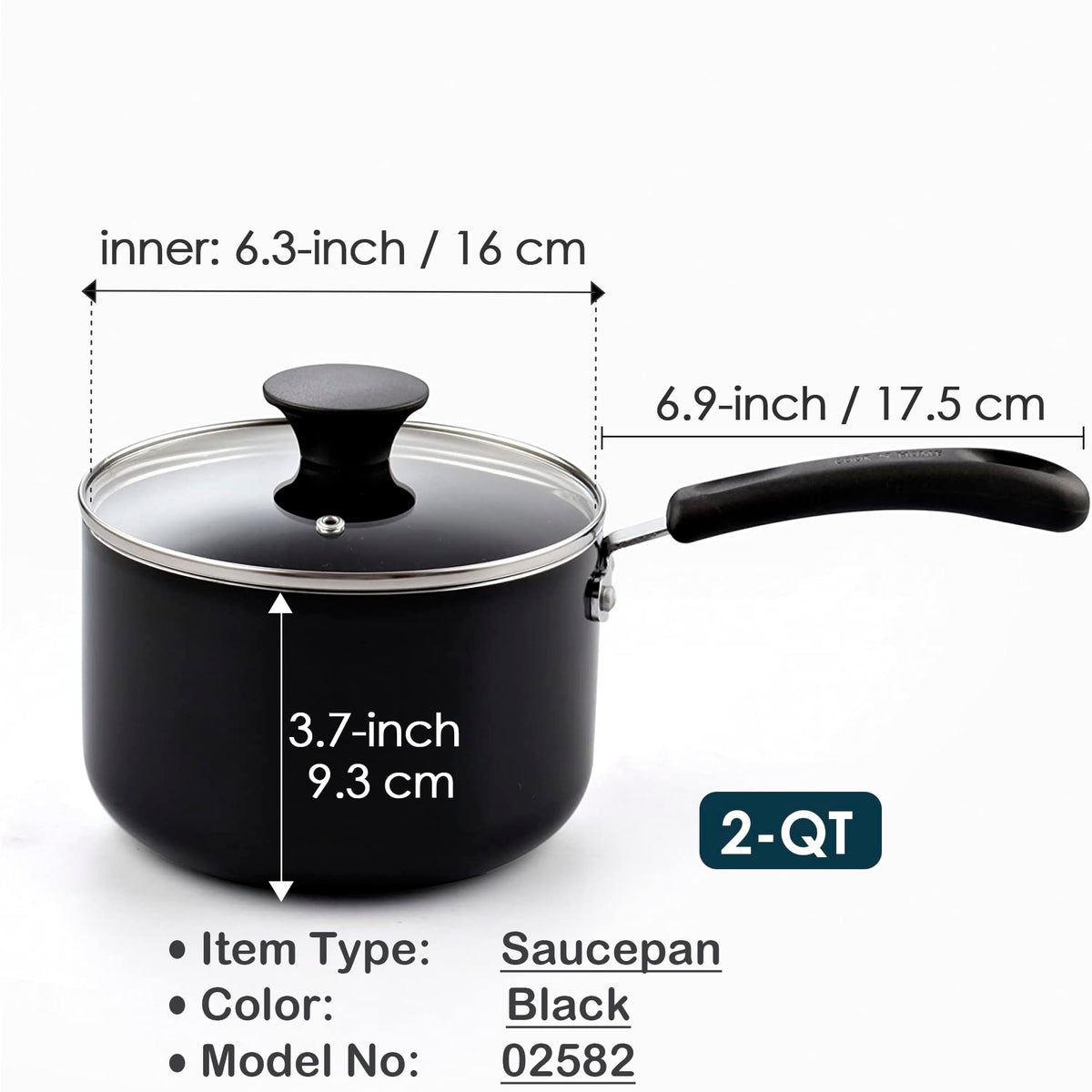 Cook N Home Nonstick Sauce Pan with Glass Lid 2-Qt, Multi-purpose Pot Saucepan Kitchenware, Black, Aluminum
