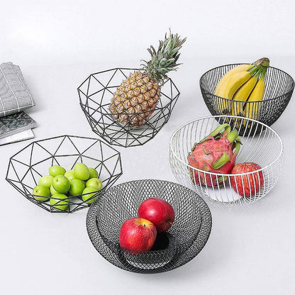 Geometric Metal Wire Fruit Bowl, Iron Arts Fruit Storage Basket for Kitchen Counter (Black, Large)