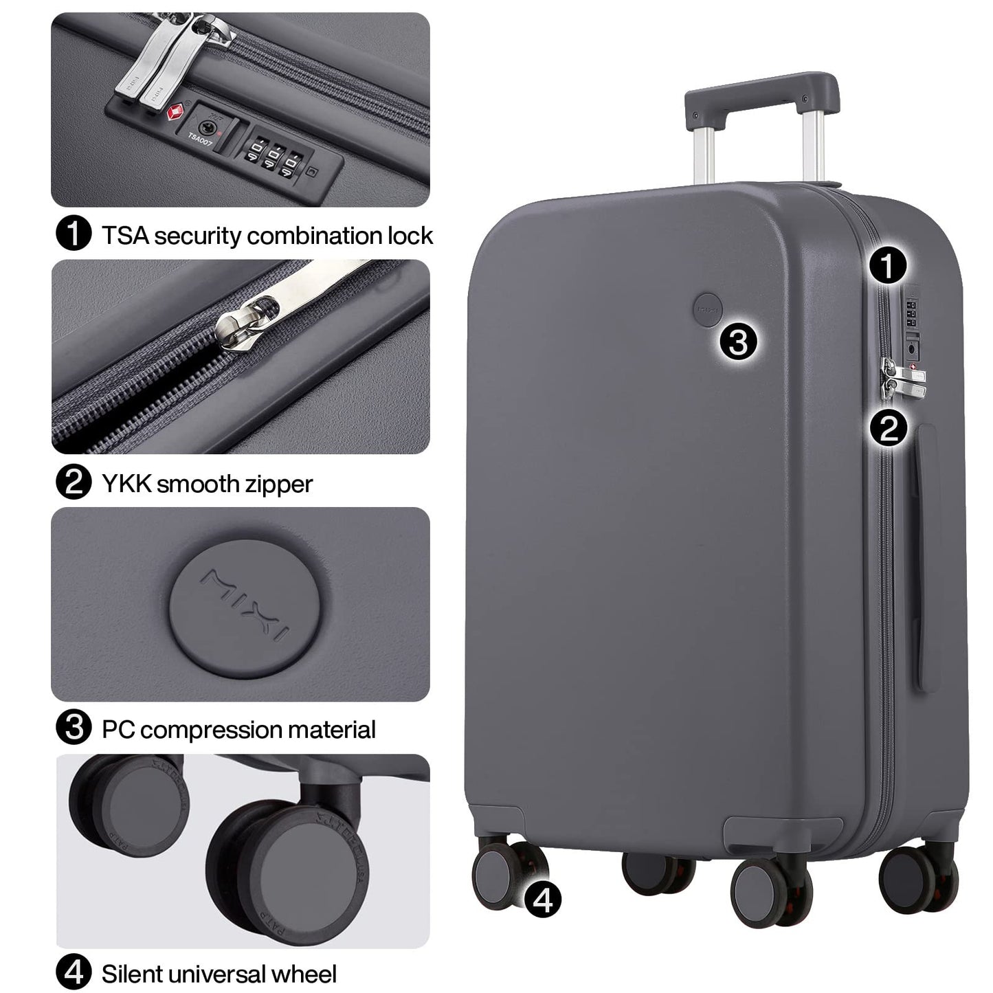 mixi Luggage Suitcase with Spinner Wheels, Hardside Rolling Suitcase PC with Cover & TSA Lock Lightweight Travel Case 28in Checked in, Rock Gray