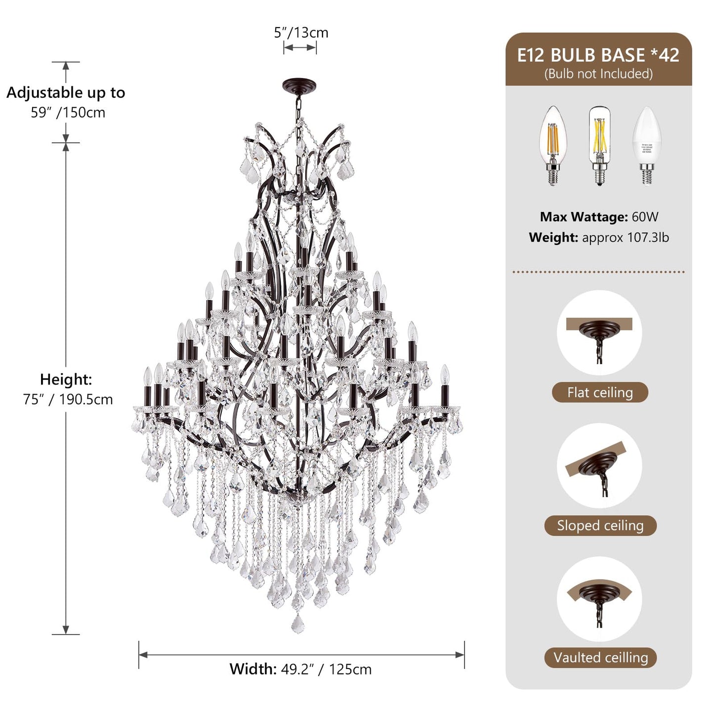 HUANXISHA 42 Lights Large Crystal Chandeliers for High Ceilings Maria Theresa Chandelier Light Fixture Vintage Chandelier for Foyer Hallway Entryway Staircase Brown 75" H x 49.2" D