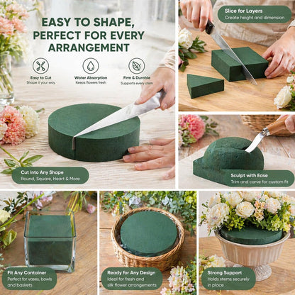 6 Pack Floral Foam Blocks Round 6.5 Inch, Green Flower Foam for Fresh and Artificial Flowers, Wet Dry Foam for Floral Arrangements, DIY Flower Supplies