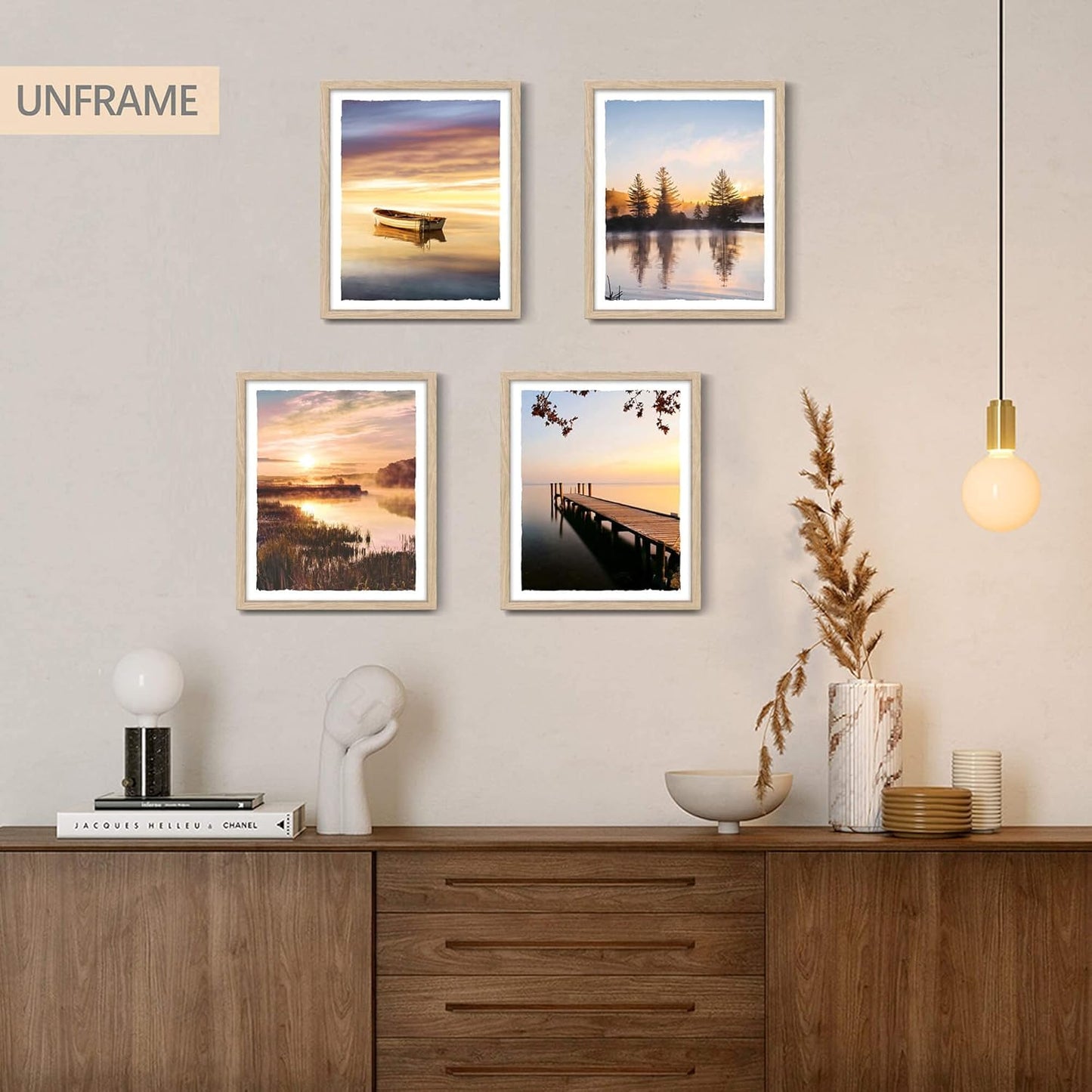 Color Play Lake Scene Wall Art - Sunset Nature Landscape Prints, Unframed 8x10 Inch 4 Piece Decor