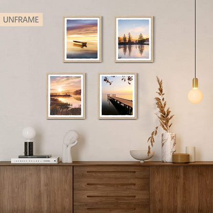 Color Play Lake Scene Wall Art - Sunset Nature Landscape Prints, Unframed 8x10 Inch 4 Piece Decor