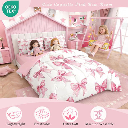 Erosebridal Kawaii Bowknot Girls Bed in A Bag with Sheets Dreamy Princess Style Full Comforter Set 7 Piece for Kids Teen Women,Girly Cute Bow Bedding Set Pink Bow Tie Bed Set Bedroom Decor