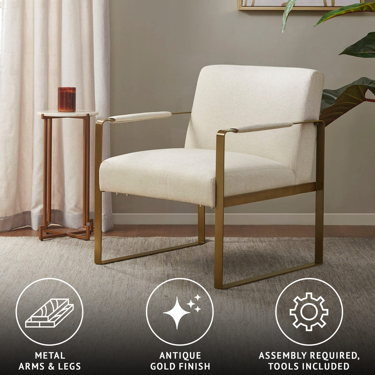 Martha Stewart Upholsterd Accent Chair Living Room Furniture - Modern Design, Comfortable Foam Seat Cushion Bedroom Lounge, Sophisticated Finished, Sturdy Frame, Cream/Gold, 28.5" W x 29" D x 32.5" H