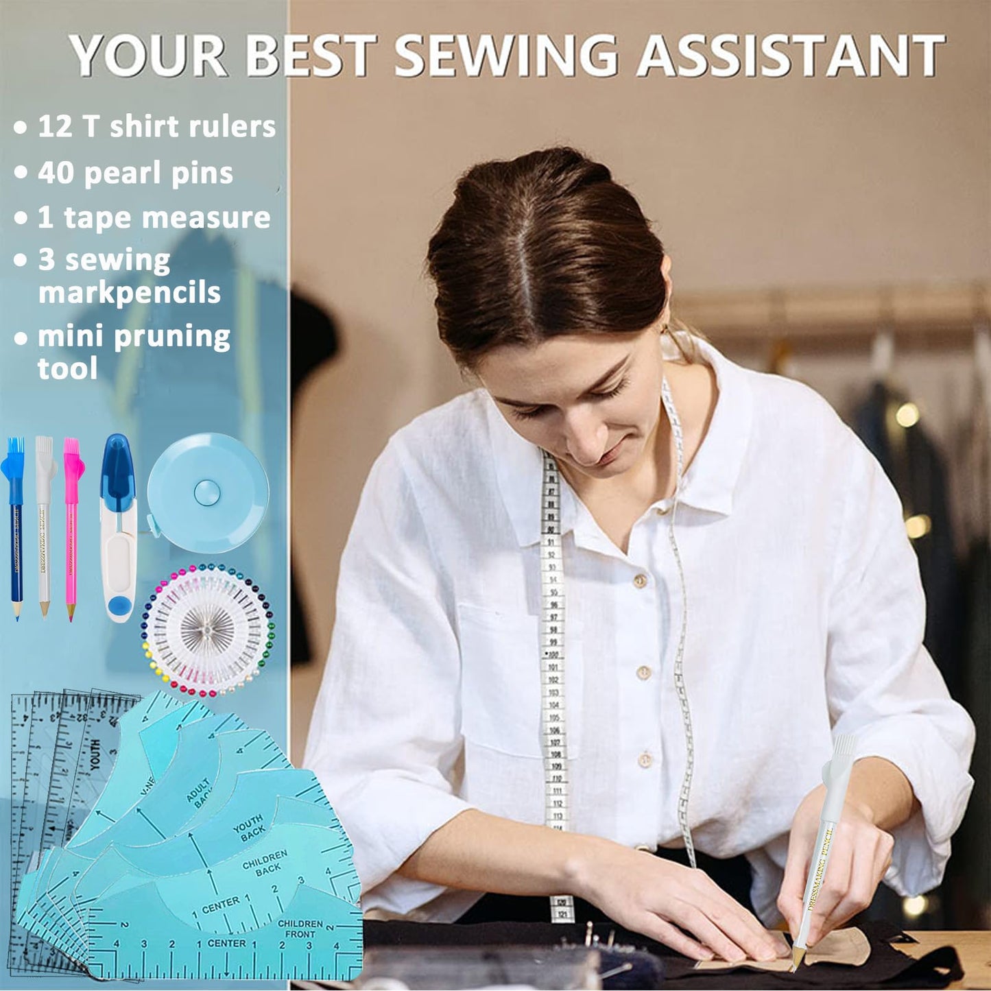 QUKLOGEN Sublimation Shirts Tool Kits Shirt Measure Ruler Set Include 12 T Shirt Guide Ruler,Portable Pad for Ironing,Teflon Sheet for Heat Press,Heat Resistant Tape Craft Sewing Accessories
