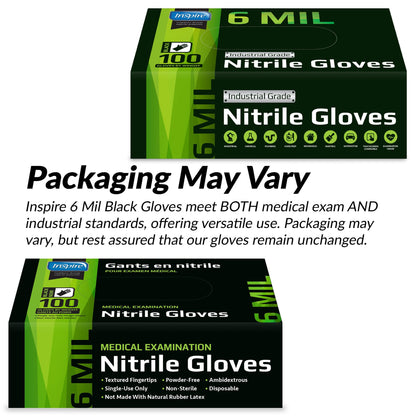 Inspire Black Nitrile Gloves HEAVY DUTY 6 Mil Nitrile Chemical Resistant Medical Cooking Cleaning Disposable Black Gloves