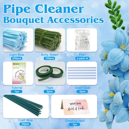 300Pieces Blue Pipe Cleaners Flower Kit with 20 Floral Wires, Floral Tape etc, Fluffy Blue Green Pipe Cleaners Craft Supplies, DIY Flower Kit for Wedding Mother's Day Gift, Holiday Decoration