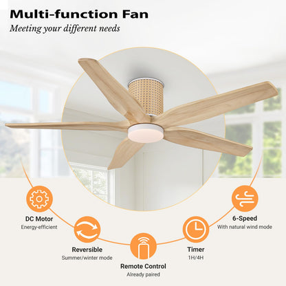 LEDLUX 54" Ceiling Fan with Light - Low Profile Flush Mount Ceiling Fan, 6-Speed Remote Control, Solid Wood, Quiet Reversible DC Motor, Wood/White Finish, for Bedroom, Living Room, Porch