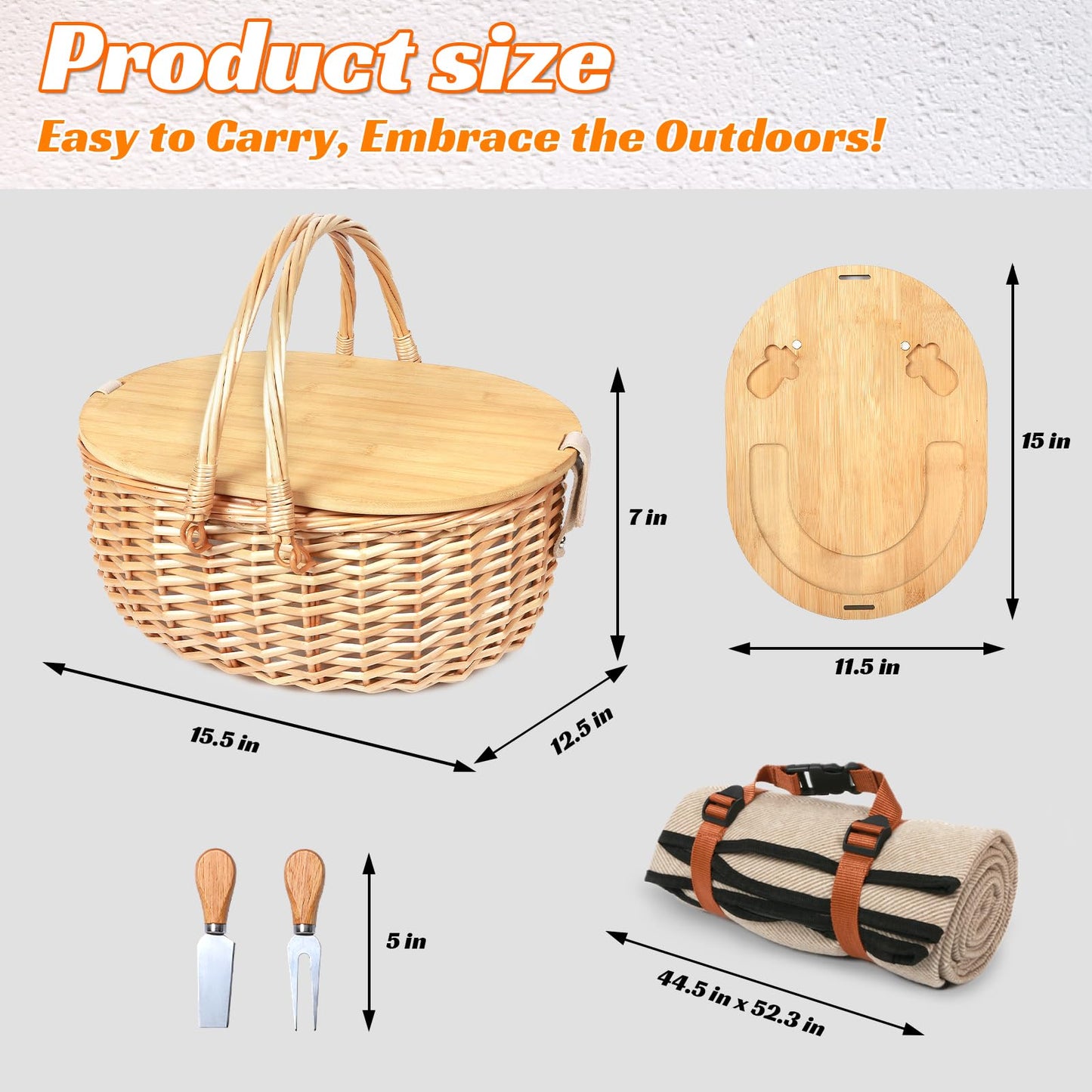Hap Tim Dual Wicker Picnic Basket Set with Blanket for 2 - Unique Gifts Ideas for Couple, Engagement, Wedding, Bridal Shower, Family, Christmas - White Elephant Gifts for Adults（Y2408A-2）