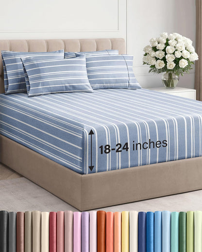Skiennix Extra Deep King Sheet Set - 6-Piece Breathable Cooling Bedding - Soft, Wrinkle-Free Blue Stripes