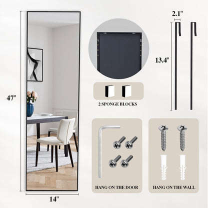 DUMOS 47x14 Full Length Mirror Over the Door, Wall Mounted Full Body Mirror, Door Hanging Metal Aluminum Alloy Frame Dressing Mirrors for Bedroom, Living Room, Entryway, Black
